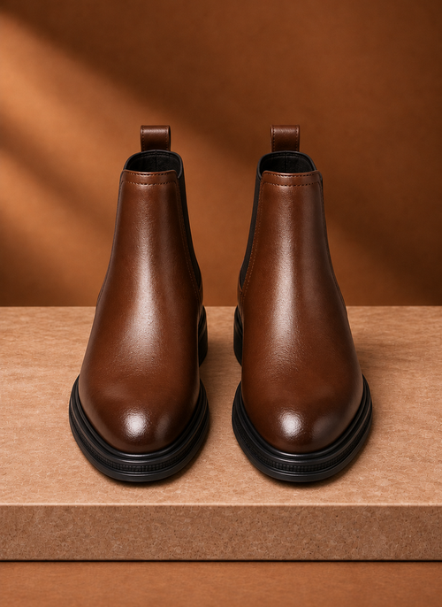 Side profile of Areleon men's Chelsea boot highlighting elastic side panel and pull tab