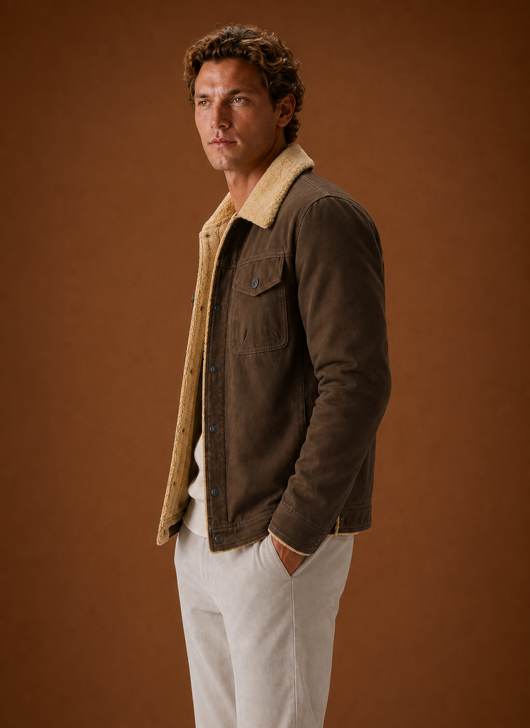 Side view of men's brown sherpa-lined jacket showing profile and fleece collar