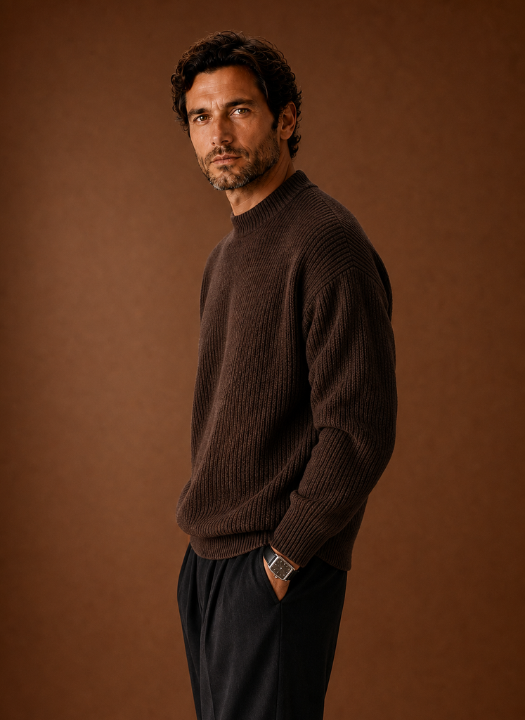 Men's Ribbed Knit Sweater - Crew Neck Pullover side view
