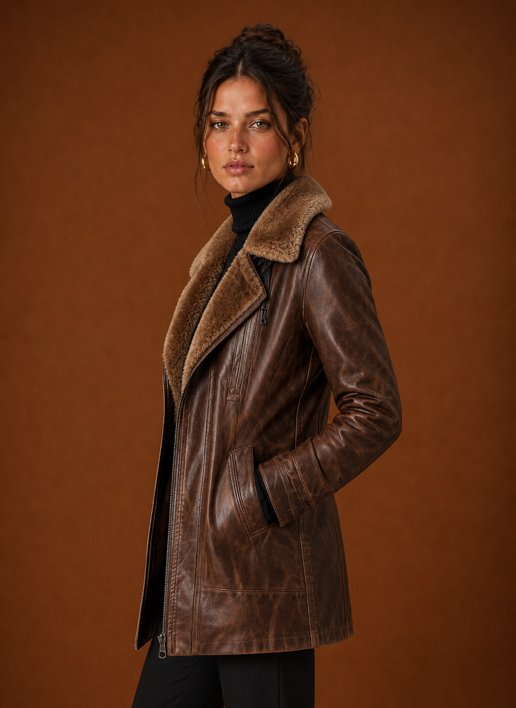 Side view of brown aviator jacket showing structured silhouette and long sleeve