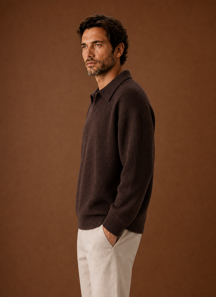 Men's Polo Sweater - Ribbed Knit Pullover side view