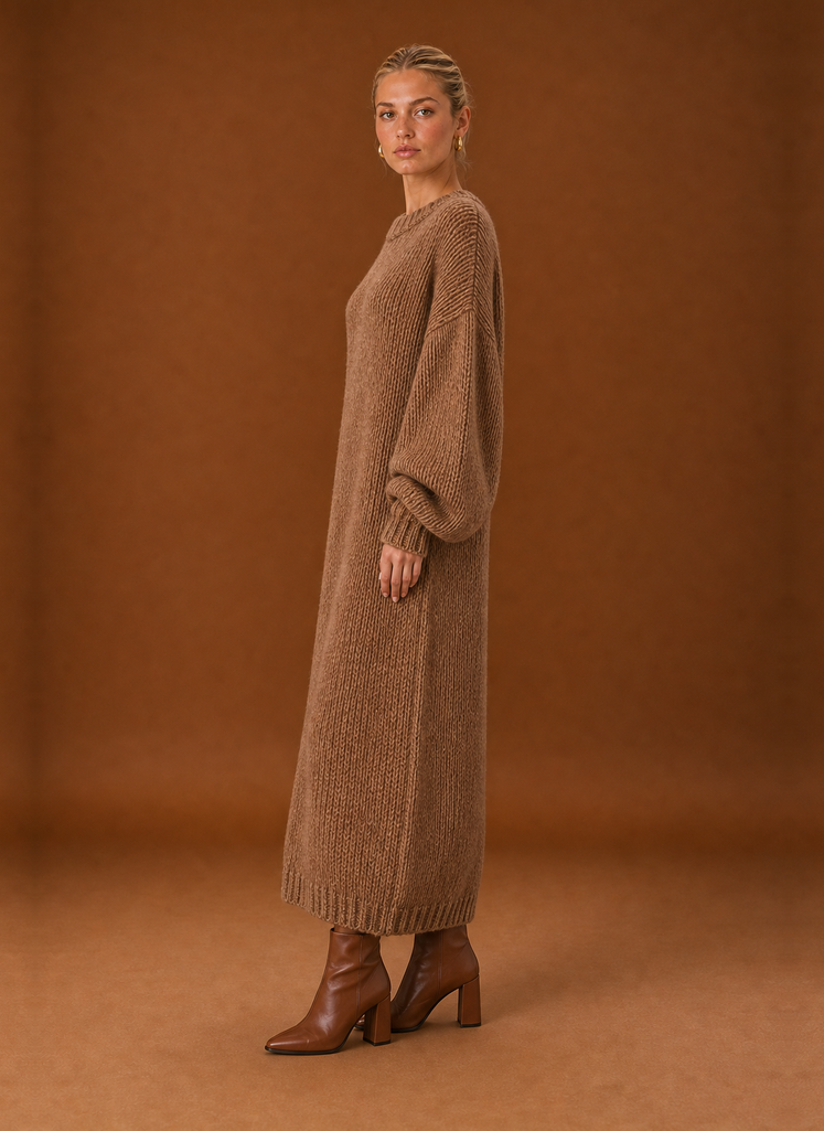 Side profile of the oversized knit maxi dress displaying relaxed fit and drape