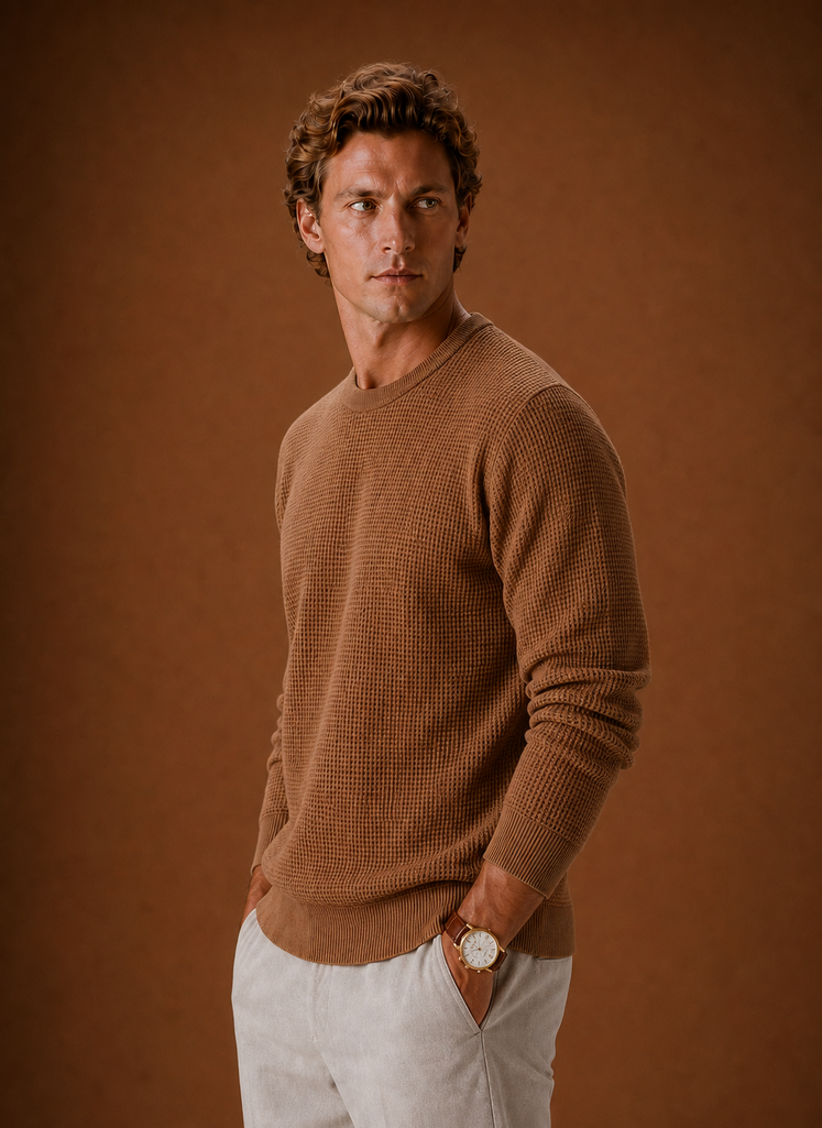 Side view of Areleon men's waffle knit crew neck sweater showing sleeve silhouette and fit