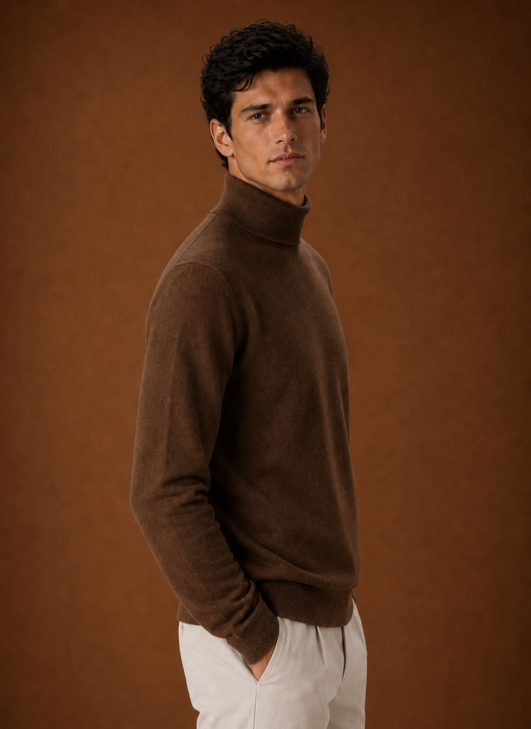 Men's Turtleneck Sweater - Classic Roll Neck Knit Pullover side view