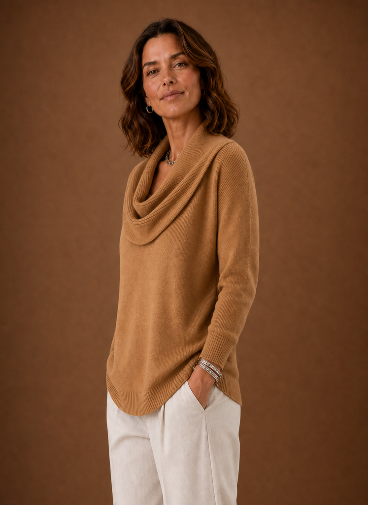 Side profile of Areleon women's cowl neck knit sweater showing draped neckline