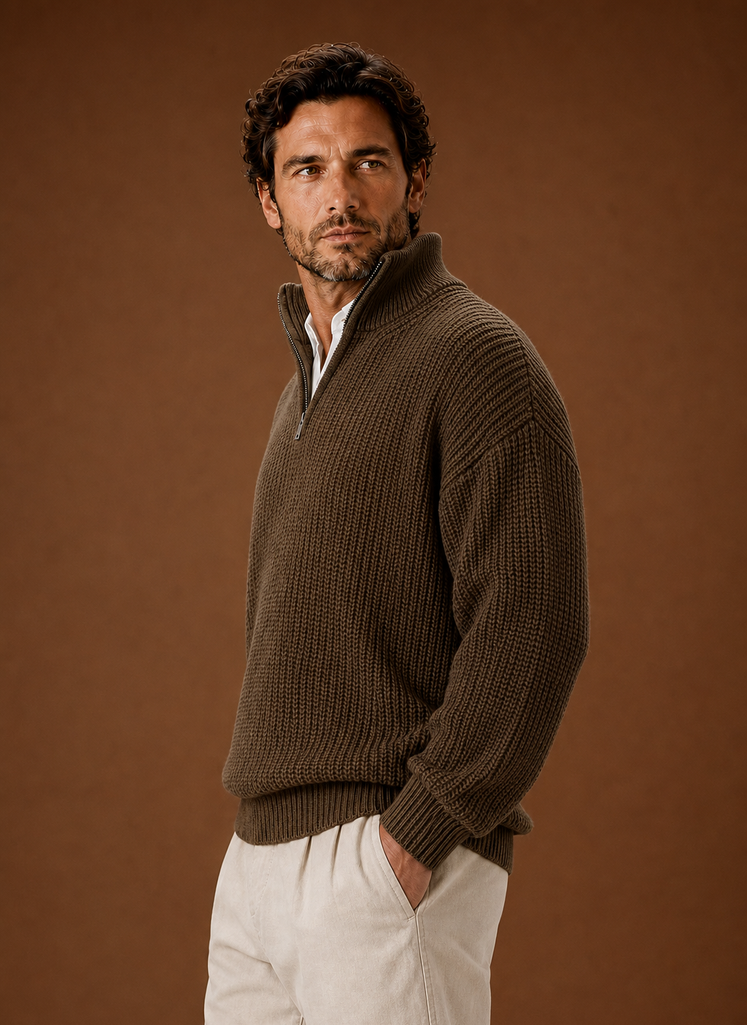 Side profile of Areleon oversized half-zip ribbed pullover