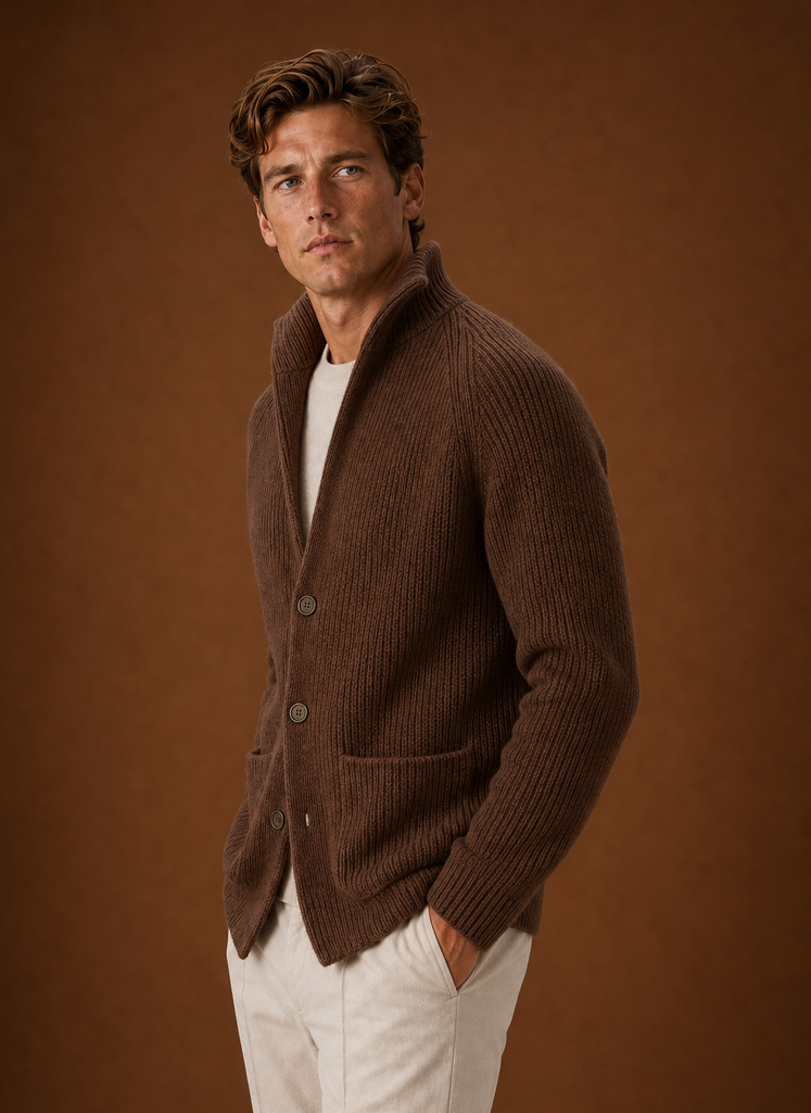 Side profile of a men's ribbed knit cardigan showing sleeve and drape