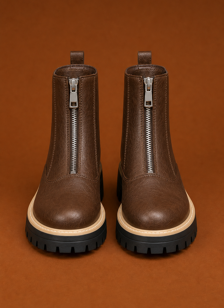 Side view of women's ankle boot highlighting the front-zip closure and profile