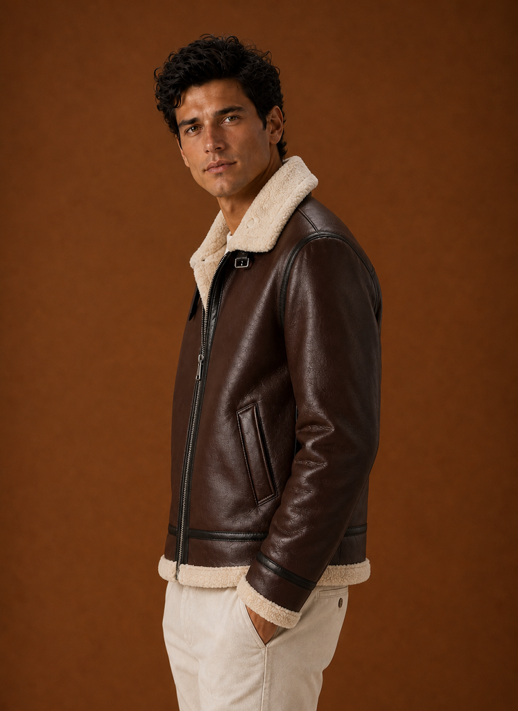 Side profile of men's bomber jacket showing silhouette and long sleeve fit