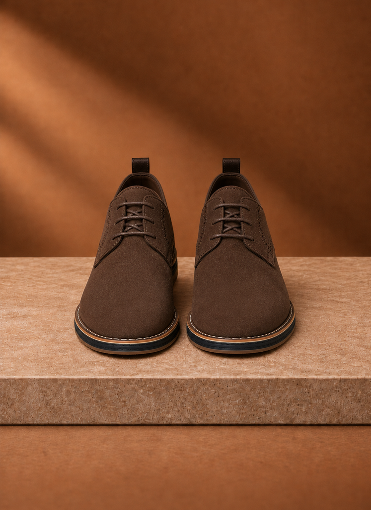Side profile of a black men's derby dress shoe highlighting the silhouette and sole