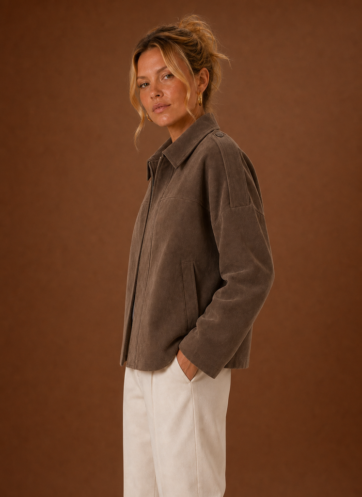 Side profile of the Areleon women's oversized jacket showing relaxed fit