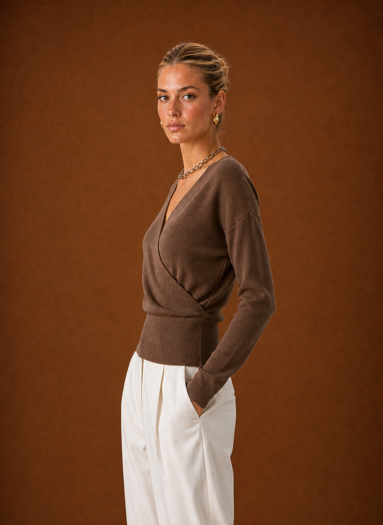 Side view showing cropped silhouette and tie-waist detail