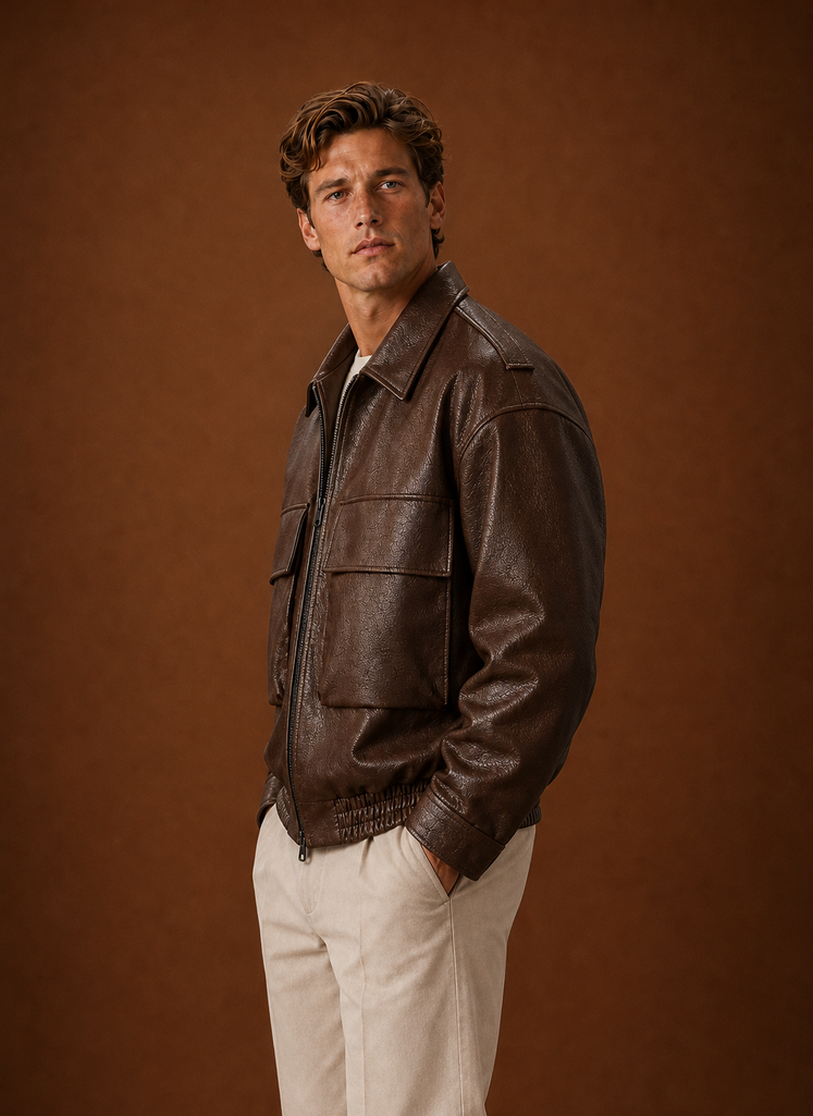 Side profile of Areleon men's oversized jacket in brown showing relaxed fit