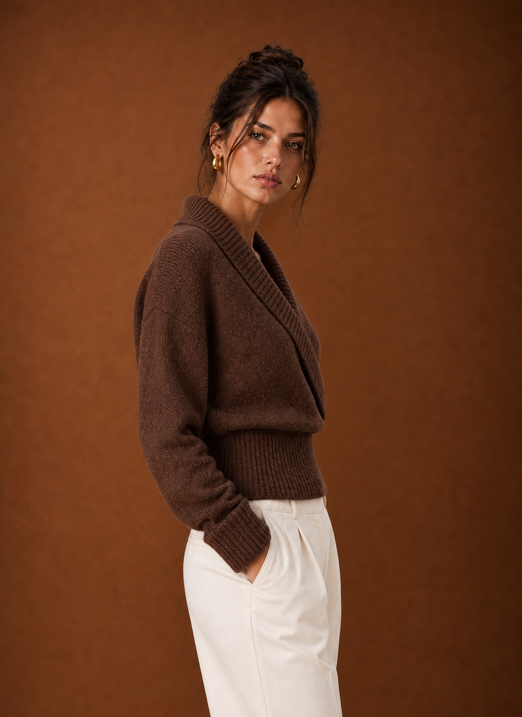 Side view of wrap-front pullover highlighting the overlapping front and silhouette