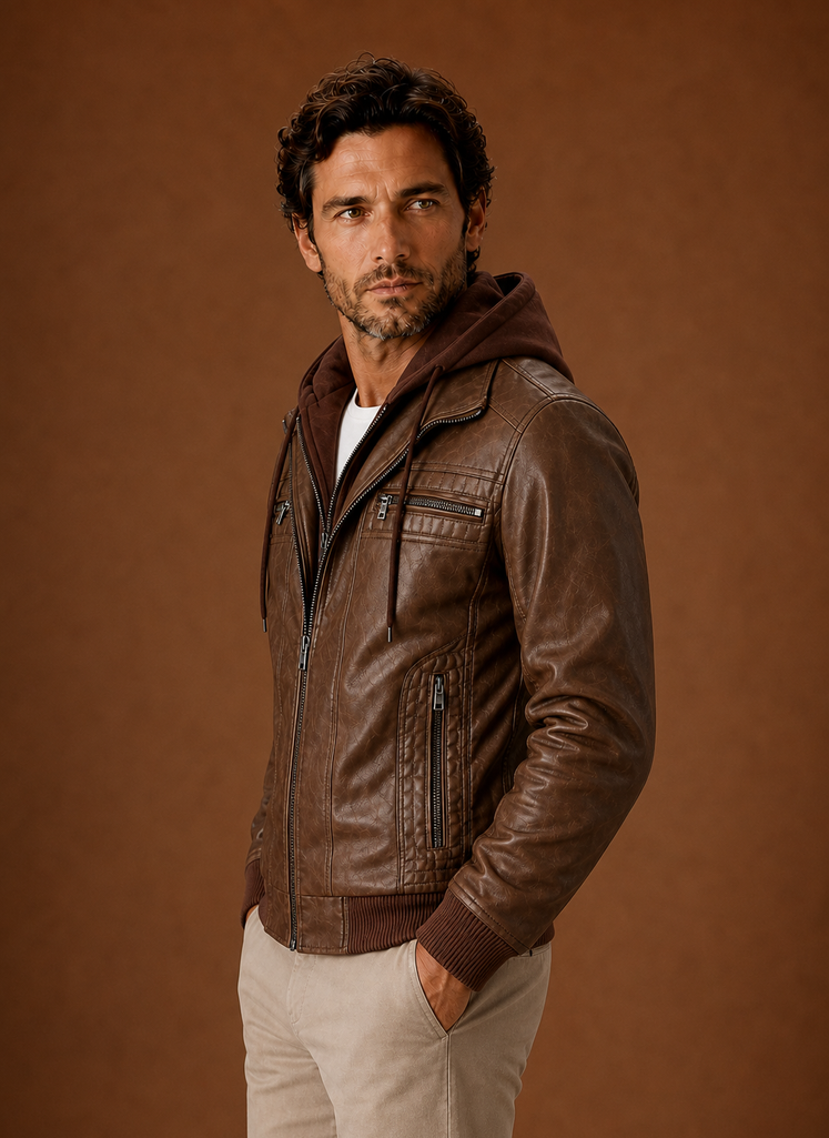 Side profile of the men's moto jacket highlighting tailored shoulders and sleeve length