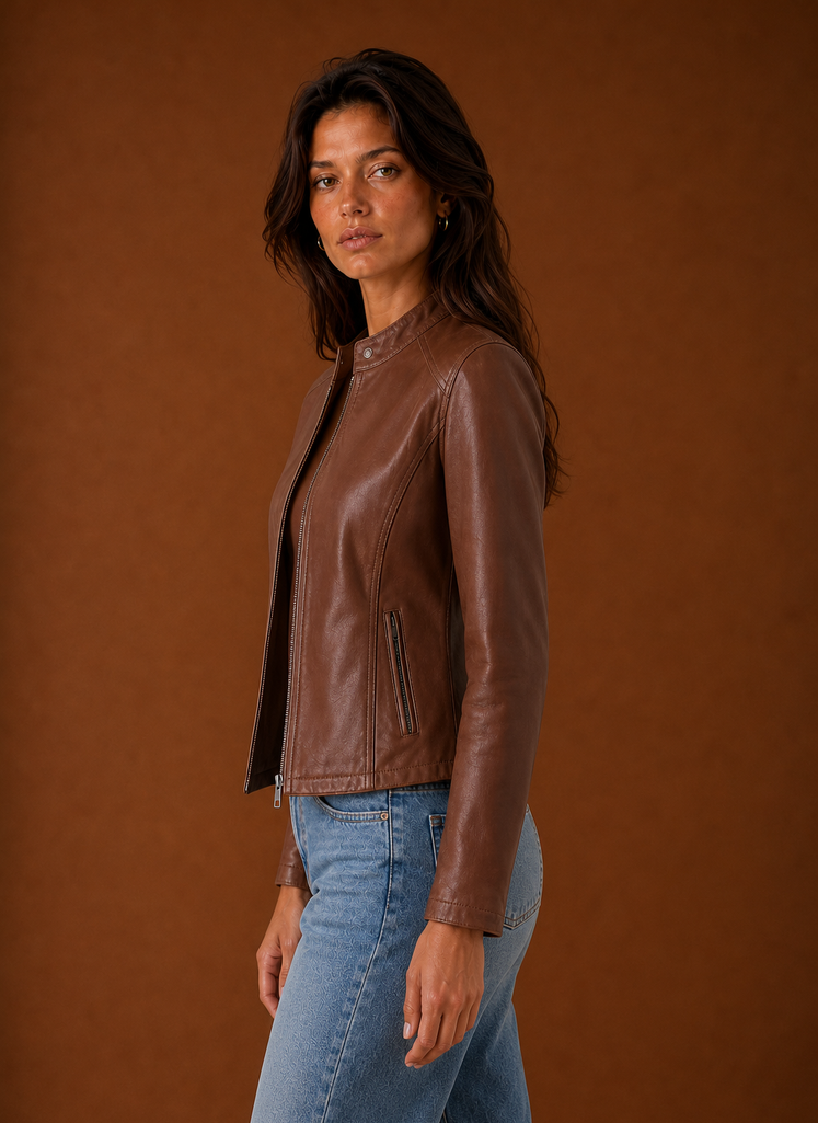 Women's Leather Jacket - Slim Fit Stand Collar Moto Jacket side view