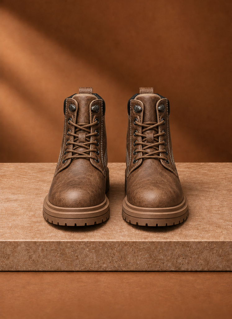 Side view of Areleon men's vintage lace-up ankle boot showing silhouette in brown