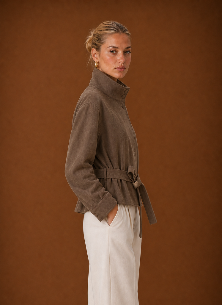 Side view of the Women's Funnel Neck Jacket highlighting the funnel neckline profile and sleeve line in camel