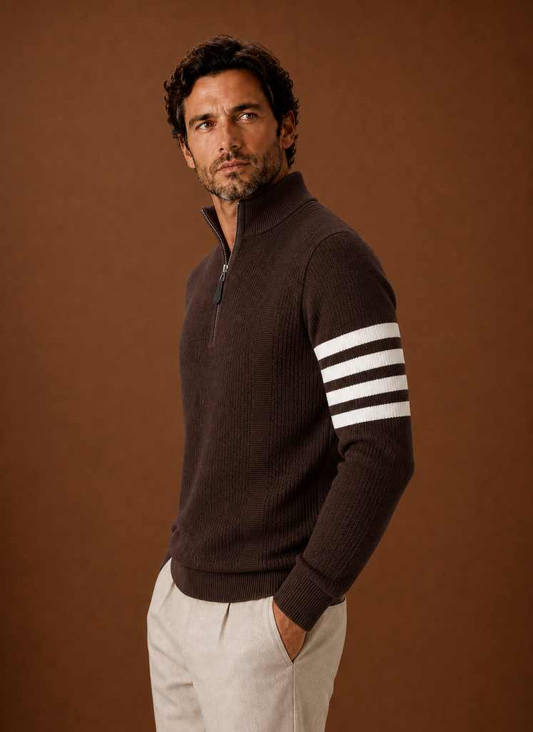Side view of the sweater showing long sleeve fit and profile