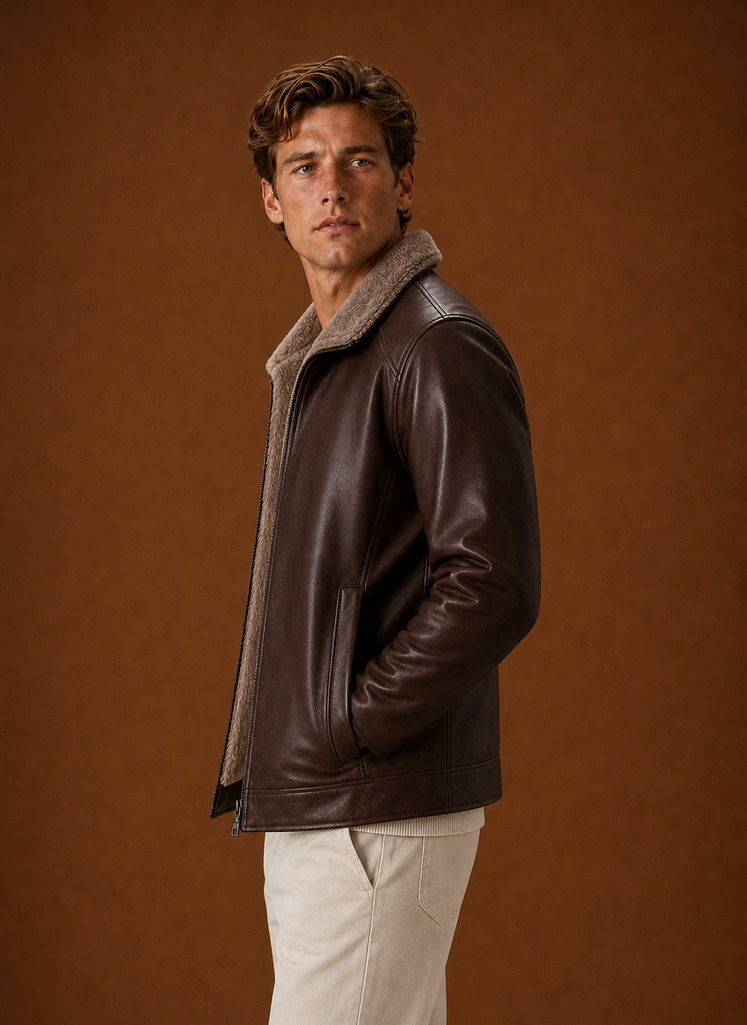 Side profile of men's casual jacket showing sleeve silhouette and fit