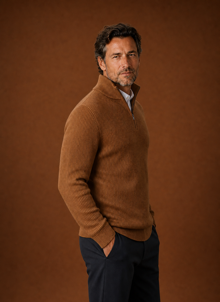 Side profile of the ribbed sweater highlighting the sleeve shape and collar height