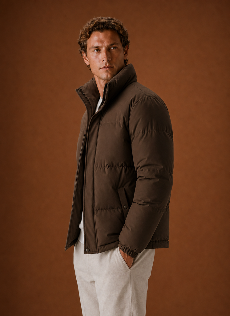 Side profile of the oversized puffer jacket highlighting the silhouette and sleeve shape