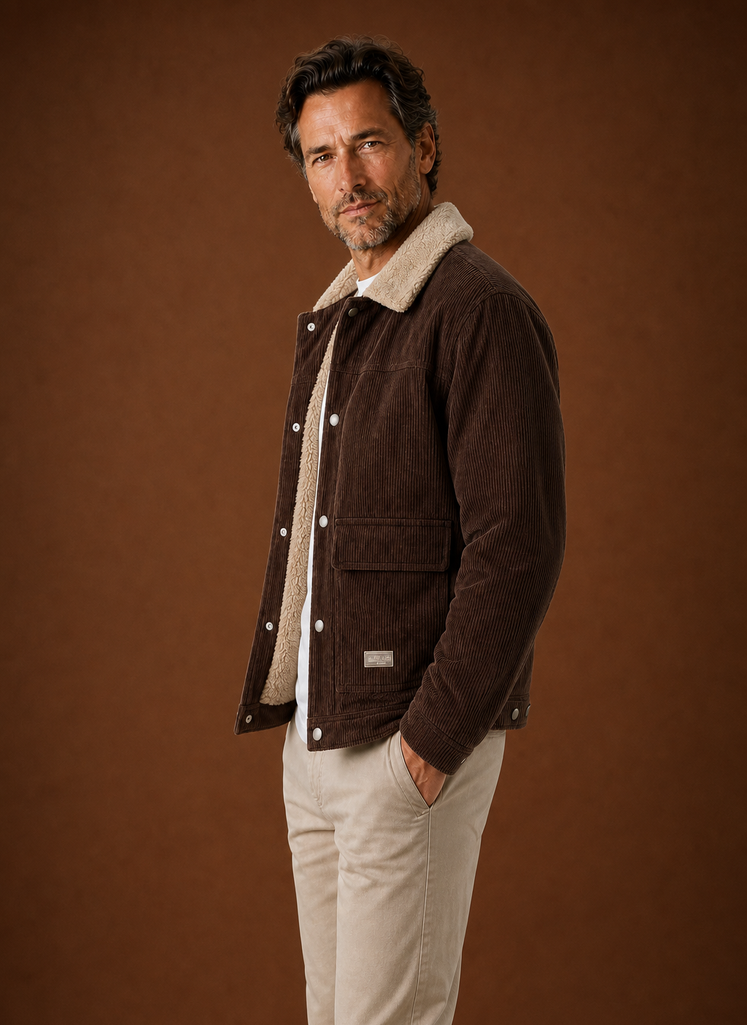Side profile showing sleeve and drape of the Areleon knit cardigan