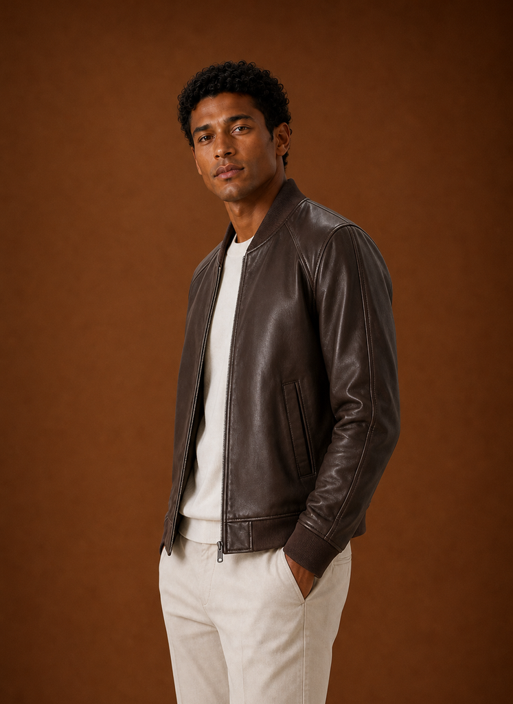 Side profile of men's bomber jacket showing slim fit and sleeve line