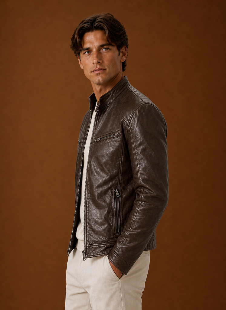 Side profile of men's moto jacket showing structured fit and collar