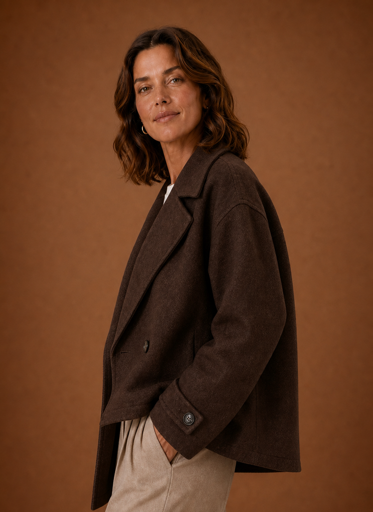 Side view showing loose silhouette and long sleeves of the women's button coat