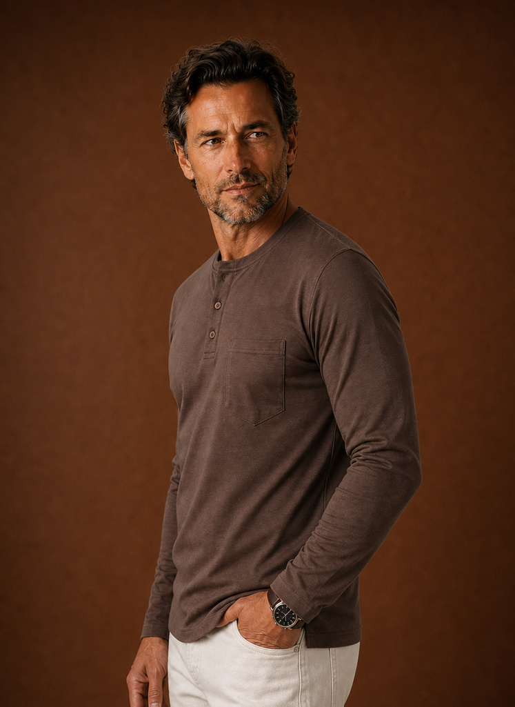 Side profile of men's Henley shirt showing long sleeves and relaxed fit