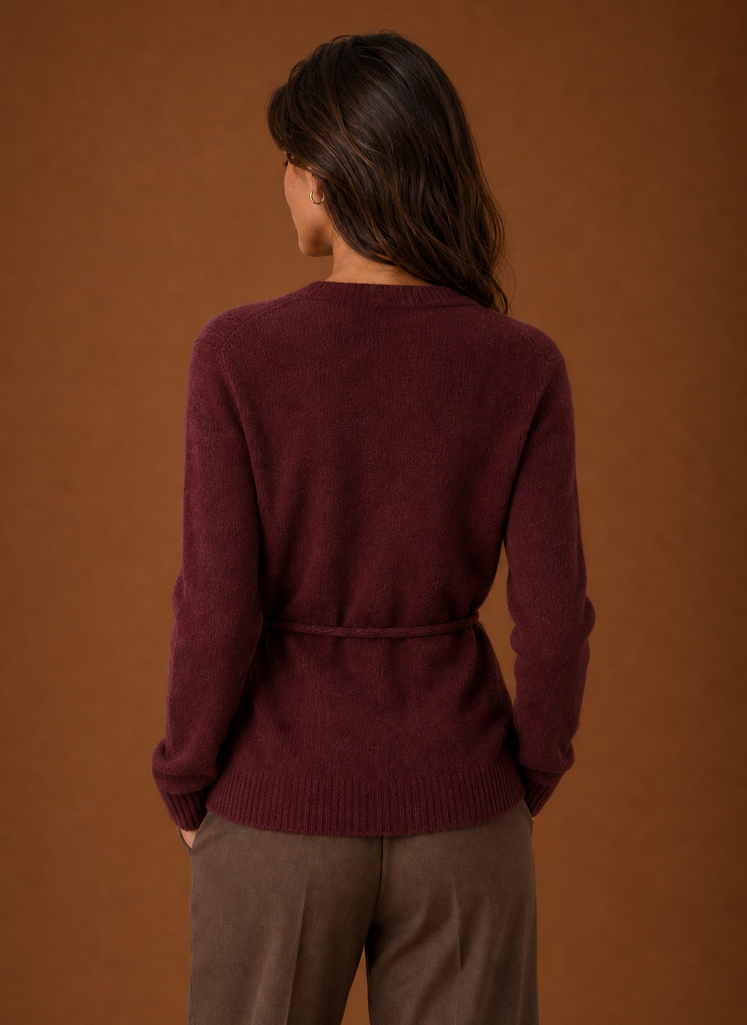 Back view of the women's wrap cardigan showing the knit back and belt detail