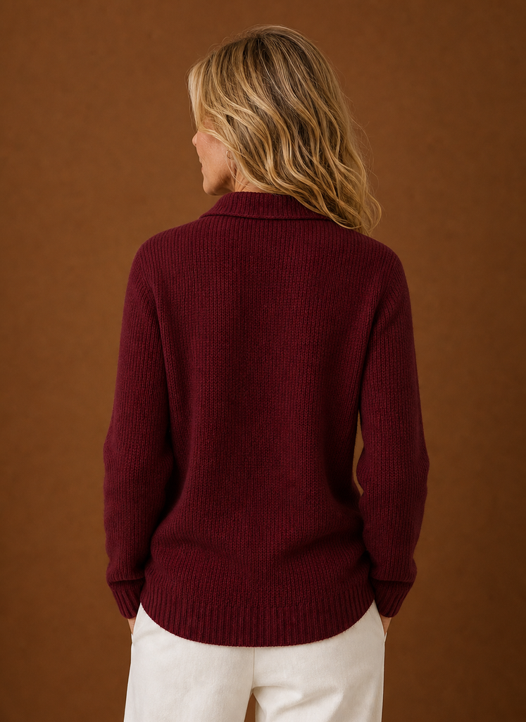 Back view of women's knit cardigan displaying full back silhouette