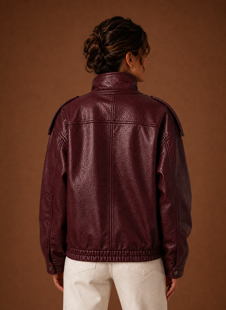 Back view of the Funnel Neck Jacket showing smooth back and hemline.