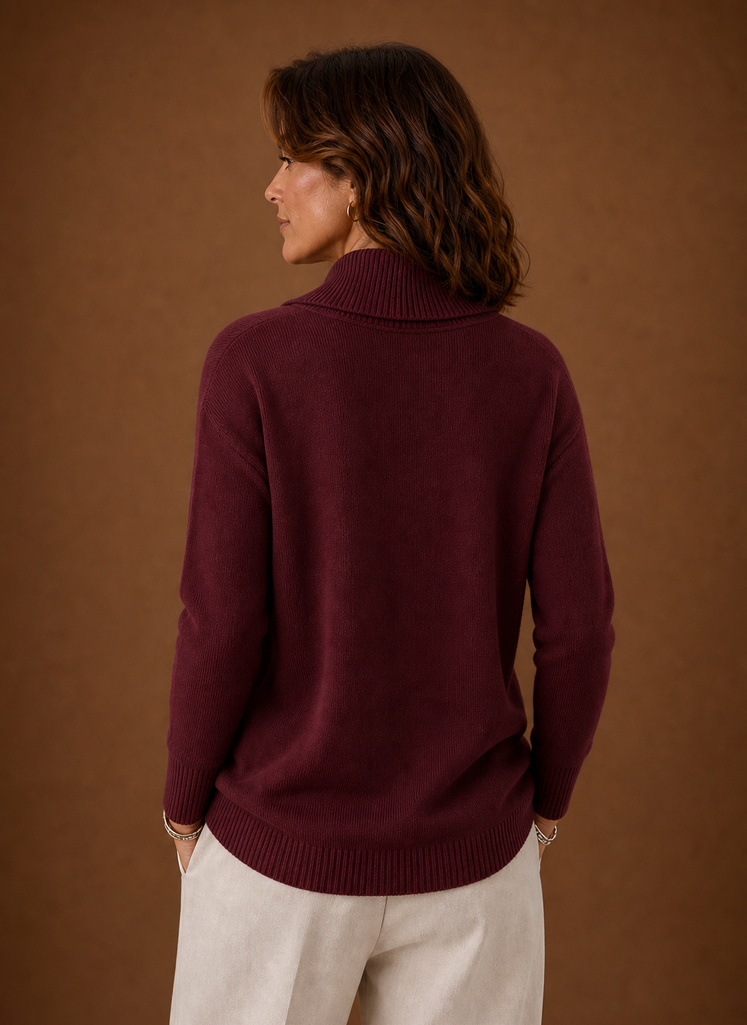 Back view of Areleon women's cowl neck knit sweater showing silhouette and hem