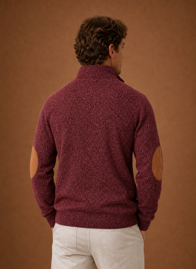 Back view of the mock neck pullover showing a clean straight hem