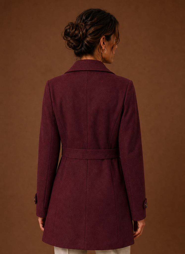 Back view of Areleon women's trench coat showing straight mid-length cut