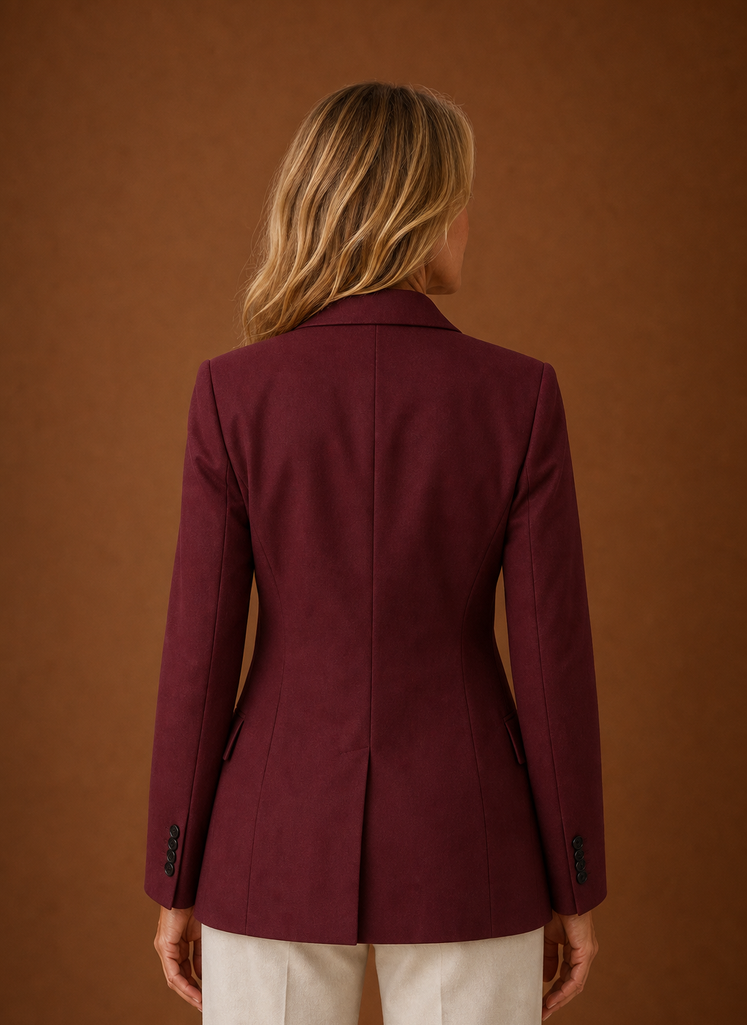 Back view of women's blazer showing streamlined construction and length