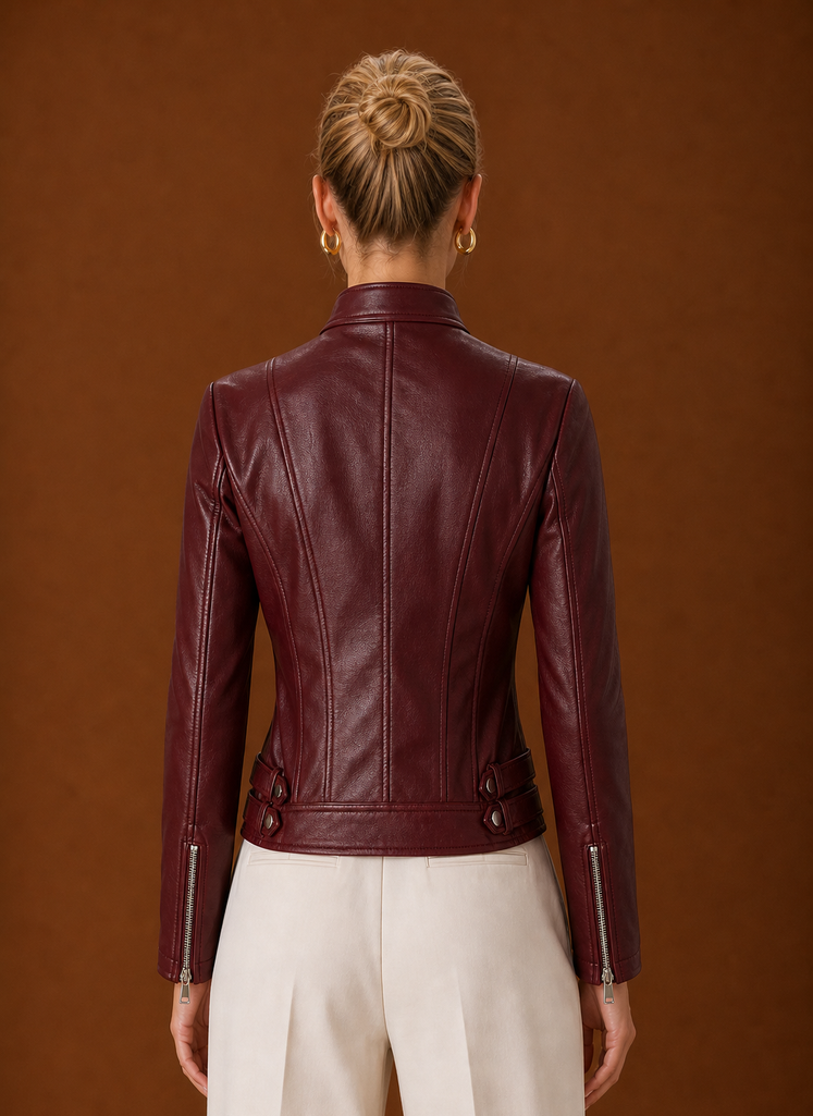 Back view of women's moto jacket showing smooth lines and a neat hem