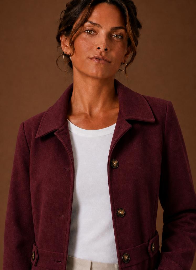 Close-up of the trench coat's button-front closure and front placket