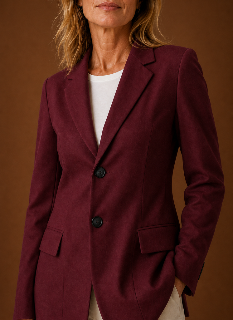 Close-up of blazer lapel and stitching detail