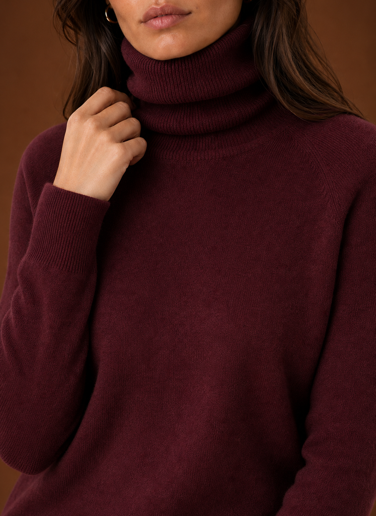 Close-up of the turtleneck collar and knit texture of the sweater