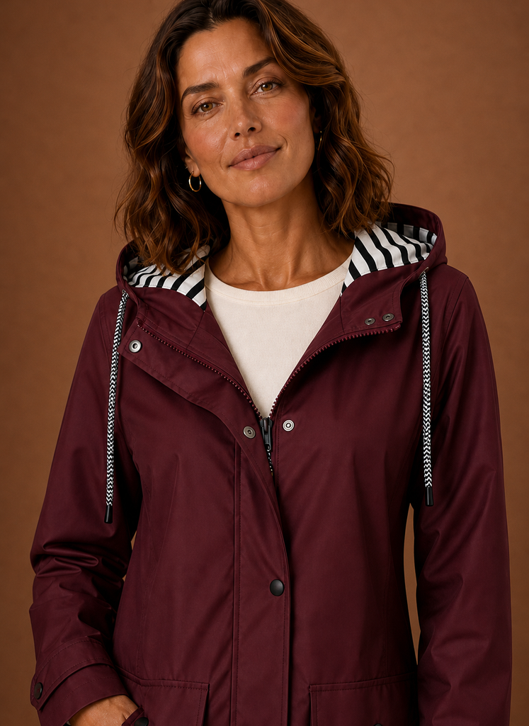 Close-up of hood and collar area of the women's trench coat with visible stitching detail