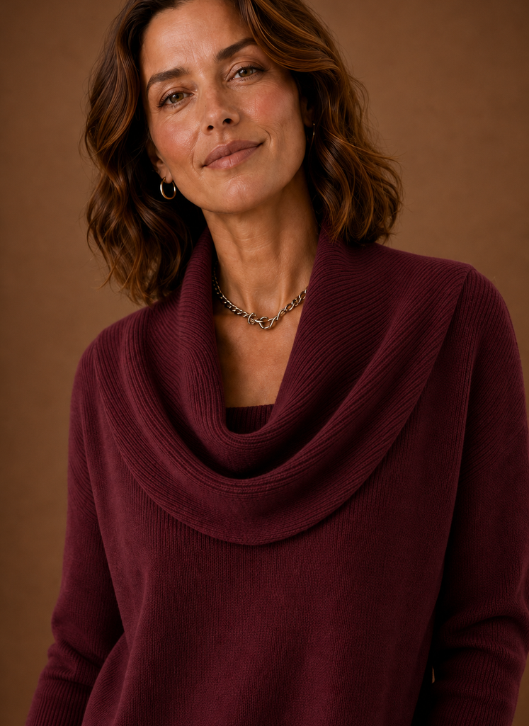 Close-up of the cowl neckline and knit texture of the Areleon women's sweater