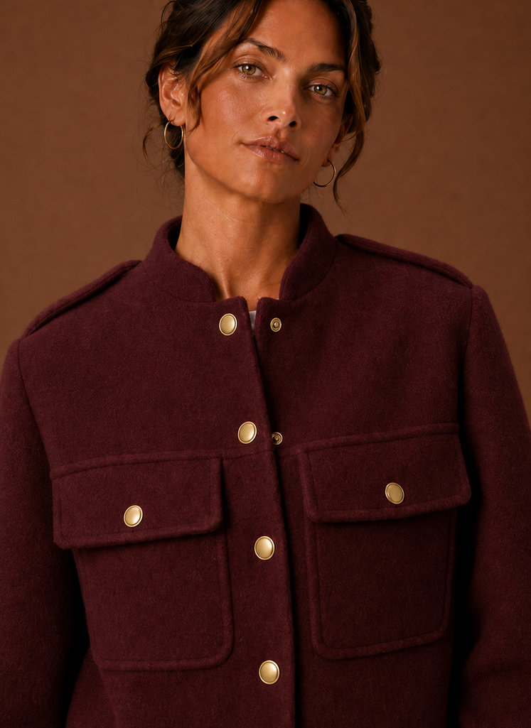 Close-up of button-front closure and tailored stitching on the cropped jacket