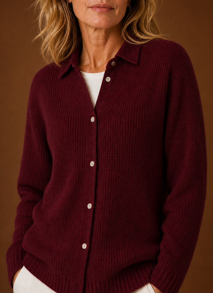 Close-up of button-front and knit texture on women's cardigan