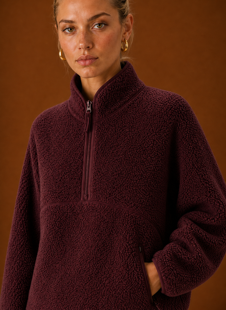 Close-up of the teddy texture and zipper pull on the quarter-zip neckline