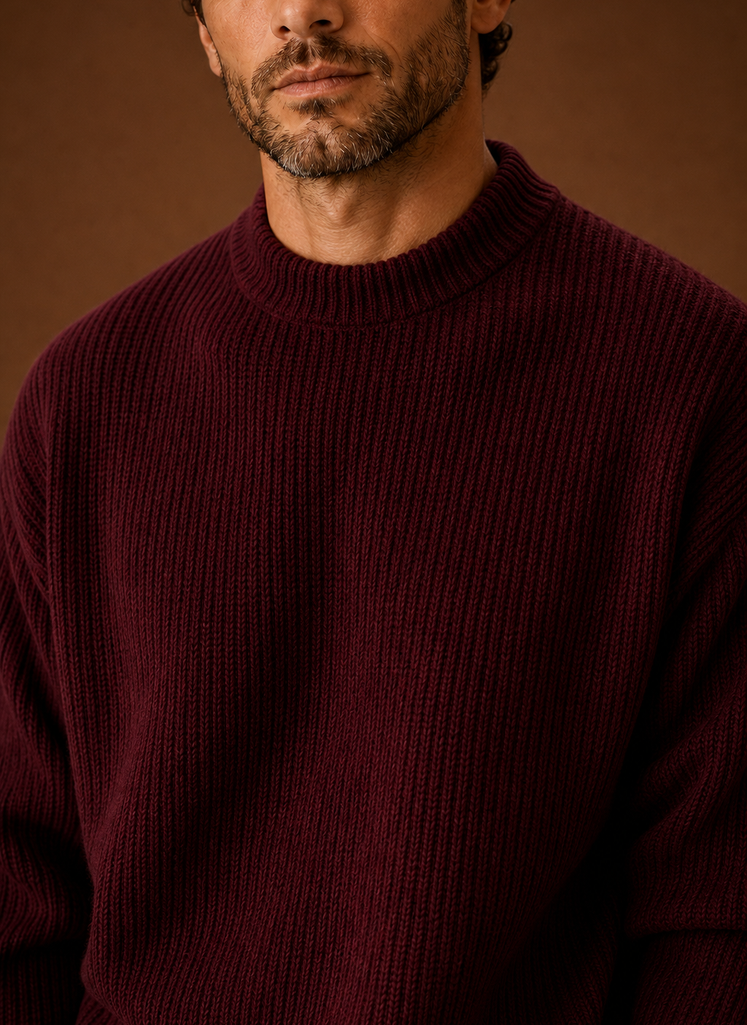 Men's Ribbed Knit Sweater - Crew Neck Pullover closeup view