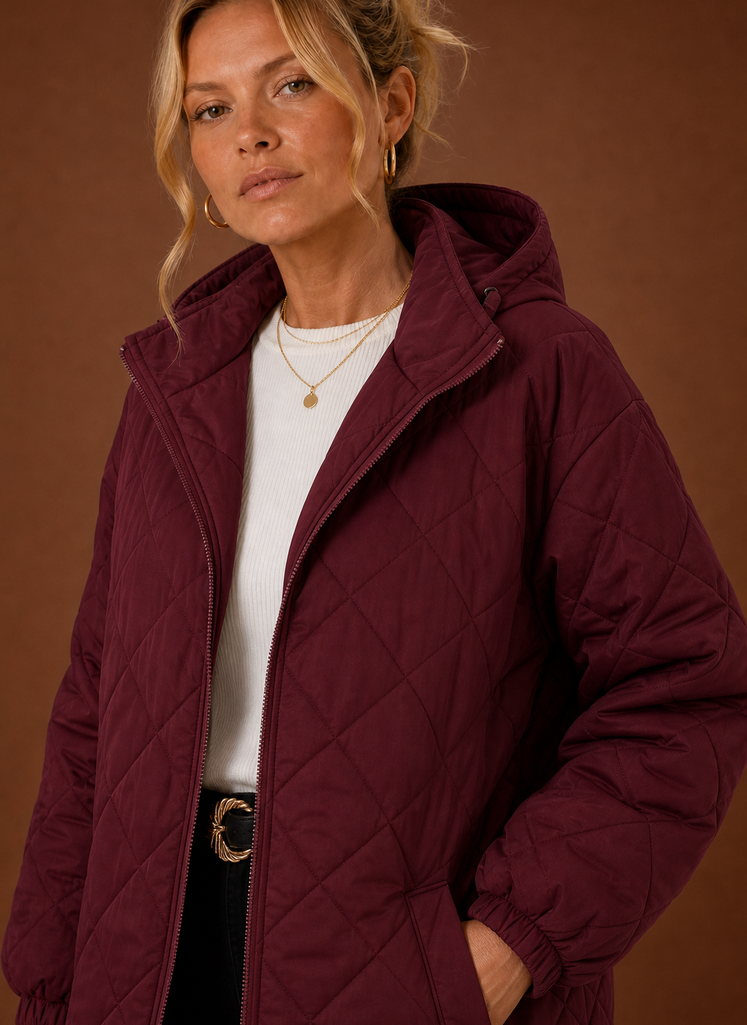 Women's Long Quilted Hooded Winter Coat closeup view