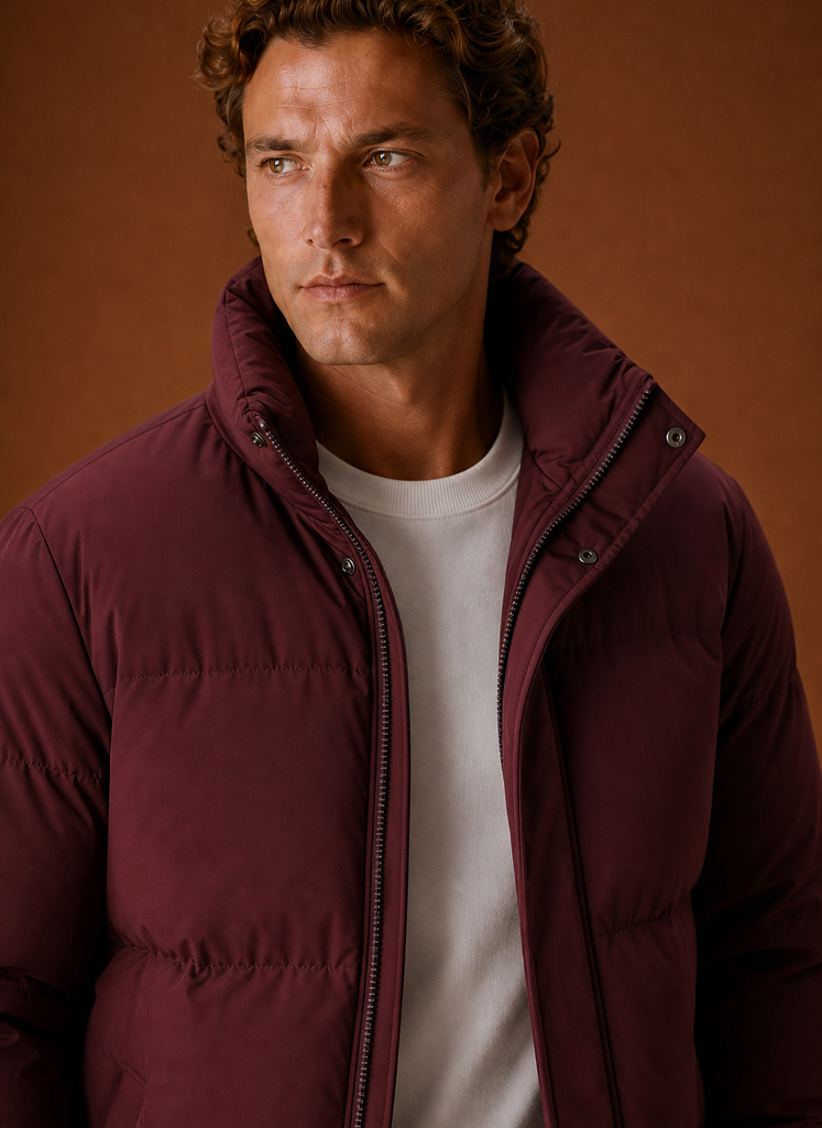 Close-up of the jacket's quilting and stitching detail